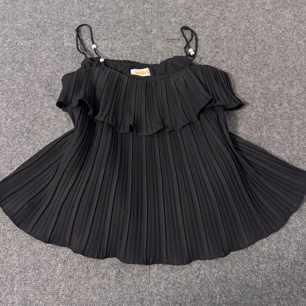 Ambria Black Pleated Ruffle Camisole Top‎ Pearl Bead Straps Womens L v3